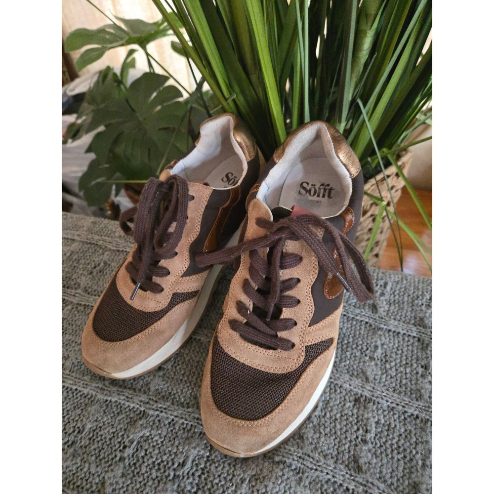 SOFFT Sport Womens Brown Tan Suede Patent Leather Platform Sneakers Size 6.5